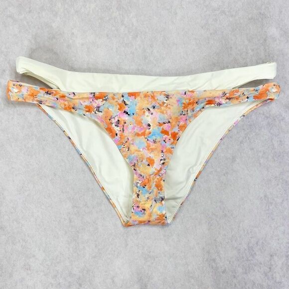prAna Bikini Bottom Womens Size M Low Rise Cheeky Cut Out Orange Floral Swimwear - Picture 1 of 13